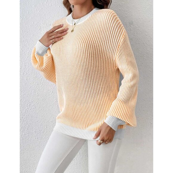 Women's Long Sleeve Ribbed Knit Pullover Khaki Casual Sweaters Blouse Top - Picture 4 of 5